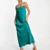 Kaiia Satin Cowl Front Strappy Back Maxi Dress In Emerald Green For Women