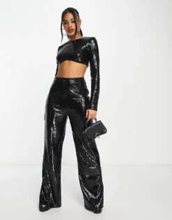 Kaiia Sequin Wide Leg Trouser Co-ord In Black For Women -Kaiia Online Shop 203764014 1 black 1