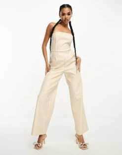 Kaiia Leather Look Bandeau Wide Leg Jumpsuit In Stone For Women -Kaiia Online Shop 204884955 4