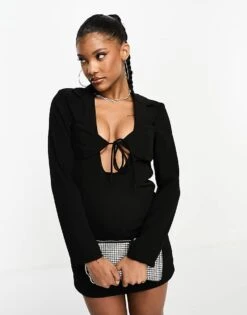 Kaiia Tailored Cut Out Tie Front Mini Blazer Dress In Black For Women