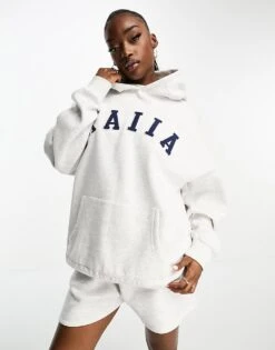 Kaiia Oversized Logo Hoodie And Sweat Short Co-ord In Grey Marl