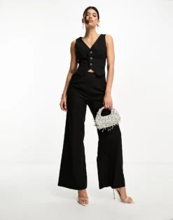 Kaiia Sleeveless Wide Leg Waistcoat Jumpsuit In Black For Women