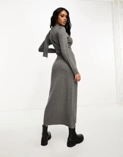 Kaiia Knitted Scarf Detail Maxi Thigh Split Jumper Dress In Charcoal For Women Charcoal Grey -Kaiia Online Shop 205314415 4