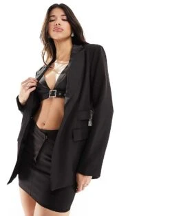 Kaiia Cinched Waist Diamante Padlock Blazer Co-ord In Black For Women
