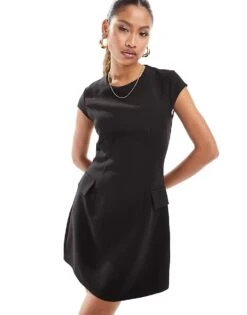 Kaiia Tailored Pocket Detail Cap Sleeve Mini Dress In Black For Women