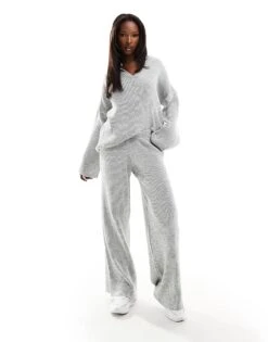 Kaiia Knitted Wide Leg Trousers Co-ord In Grey For Women