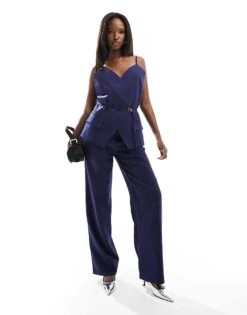 Kaiia Longline Waistcoat And Wide Leg Trousers Co-ord In Navy -Kaiia Online Shop 205858473 1 darkblue 1