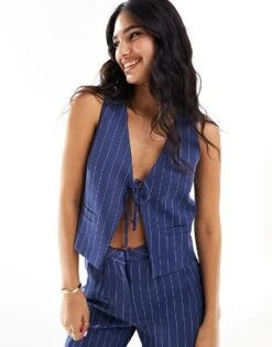 Kaiia Tie Front Waistcoat Co-ord In Blue Pinstripe For Women Dark Blue