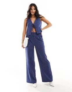 Kaiia Tailored Wide Leg Trousers Co-ord In Blue Pinstripe For Women Dark Blue