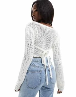 Kaiia Knit Pointelle Tie Detail Top In Ivory For Women -Kaiia Online Shop 205858955 4