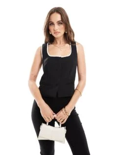 Kaiia Contrast Edge Waistcoat In Monochrome For Women Black/white -Kaiia Online Shop 205859097 1 blackwhite 1
