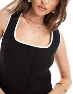 Kaiia Contrast Edge Waistcoat In Monochrome For Women Black/white -Kaiia Online Shop 205859097 3