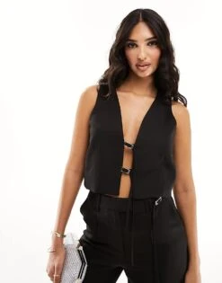 Kaiia Tie Detail Waistcoat And Trousers Co-ord In Black -Kaiia Online Shop 205859137 1 black