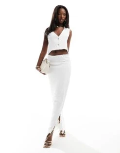 Kaiia Textured Column Side Split Maxi Skirt Co-ord In White For Women