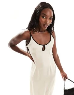 Kaiia Cami Contrast Edge Open Tie Back Maxi Dress In Cream For Women Cream/black -Kaiia Online Shop 205859603 3