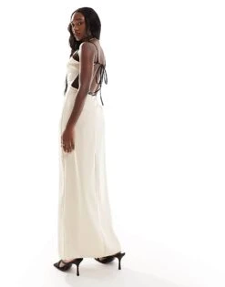Kaiia Cami Contrast Edge Open Tie Back Maxi Dress In Cream For Women Cream/black -Kaiia Online Shop 205859603 4