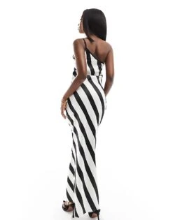 Kaiia Satin One Shoulder Maxi Dress In Monochrome Stripe For Women -Kaiia Online Shop 205859653 4