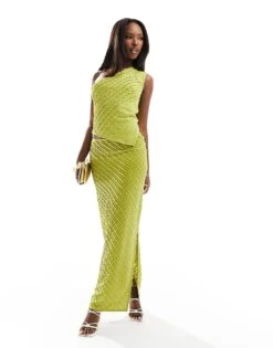 Kaiia Textured One Shoulder Top And Maxi Skirt Co-ord In Lime -Kaiia Online Shop 205859722 1 lime 1