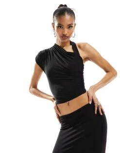 Kaiia Slinky One Shoulder Crop Top Co-ord In Black For Women -Kaiia Online Shop 205864497 1 black 1
