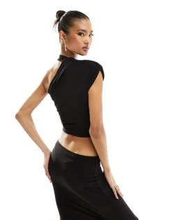 Kaiia Slinky One Shoulder Crop Top Co-ord In Black For Women -Kaiia Online Shop 205864497 3