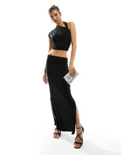 Kaiia Slinky One Shoulder Crop Top Co-ord In Black For Women -Kaiia Online Shop 205864497 4