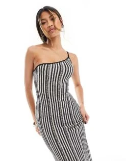 Kaiia Knitted One Shoulder Maxi Dress In Black And White Stripe For Women Black/white -Kaiia Online Shop 205864643 3