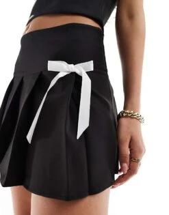 Kaiia Bow Bandeau Top And Pleated Bow Detail Mini Skirt Co-ord In Black -Kaiia Online Shop 205877404 1 blackandwhite 1