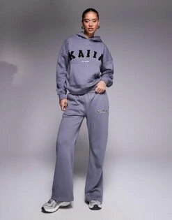 Kaiia Logo Hoodie And Wide Leg Joggers Co-ord In Grey