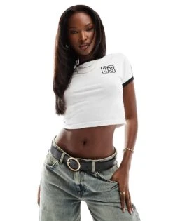 Kaiia Fitted Logo Contrast Trim Baby Tee In White For Women -Kaiia Online Shop 205901431 1 white 1
