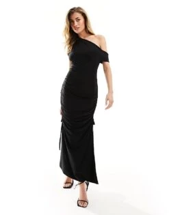 Kaiia Slinky Off Shoulder Bodycon Ruched Side Maxi Dress In Black For Women