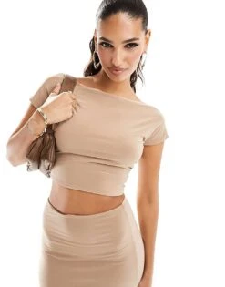 Kaiia Slinky Low Back Top Co-ord In Camel For Women