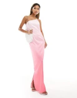Kaiia Satin One Shoulder Maxi Dress In Pink Ombre For Women