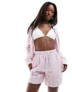 Kaiia Cropped Poplin Shirt And Short Co-ord In Pink Stripe -Kaiia Online Shop 206015499 1 pinkstripe
