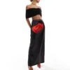 Kaiia Satin Flower Motif Maxi Skirt In Black For Women Black & Red -Kaiia Online Shop 206016262 1 blackred