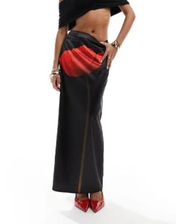 Kaiia Satin Flower Motif Maxi Skirt In Black For Women Black & Red -Kaiia Online Shop 206016262 4