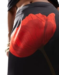 Kaiia Satin Flower Motif Maxi Skirt In Black For Women Black & Red -Kaiia Online Shop 206016262 5