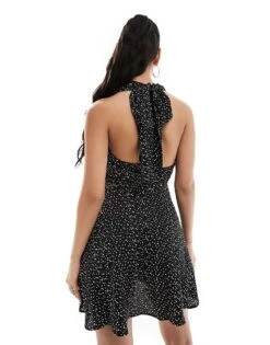 Kaiia Plunge Halterneck Polka Dot Mini Dress In Black And White For Women -Kaiia Online Shop 206027103 3