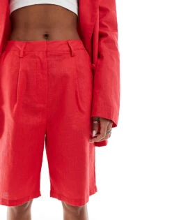Kaiia Linen Look Tailored Shorts Co-ord In Red For Women -Kaiia Online Shop 206027214 4