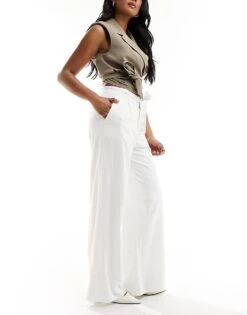 Kaiia Tailored Tie Detail Wide Leg Trousers In White For Women -Kaiia Online Shop 206027293 3