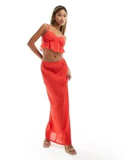 Kaiia Textured Shirred Cami Crop Top And Maxi Skirt Co-ord In Red -Kaiia Online Shop 206027333 1 red
