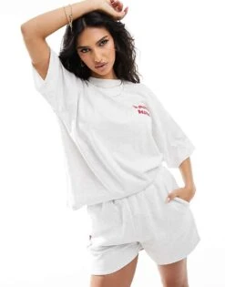 Kaiia Design Oversized Front And Back Logo T-shirt Co-ord In Grey Marl For Women