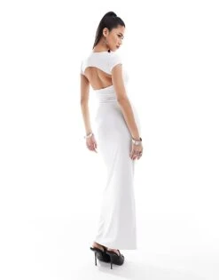 Kaiia Slinky Short Sleeve Open Back Maxi Dress In White For Women -Kaiia Online Shop 206078846 3