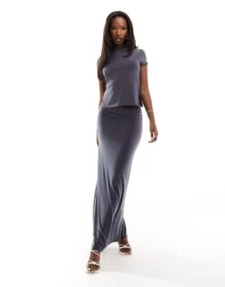 Kaiia Slinky T-shirt, Bandeau Top And Maxi Skirt Co-ord In Charcoal