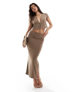 Kaiia Tie Front Crop Top And Maxi Skirt Co-ord In Mocha -Kaiia Online Shop 206153220 1 mocha 1