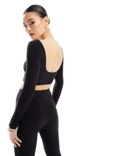 Kaiia Slinky Long Sleeve Low Back Top In Black For Women -Kaiia Online Shop 206153221 4