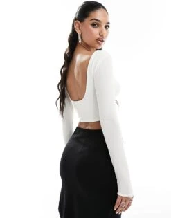 Kaiia Slinky Long Sleeve Low Back Top In White For Women -Kaiia Online Shop 206153257 2