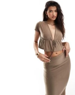 Kaiia Tie Front Crop Top Co-ord In Mocha For Women