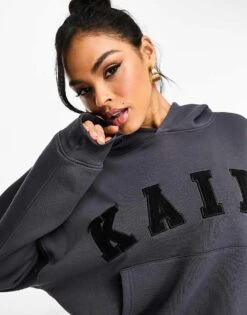 Kaiia Logo Oversized Hoodie Co-ord In Dark Grey For Women -Kaiia Online Shop 206178799 4
