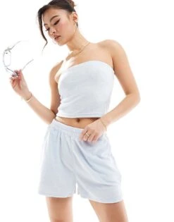 Kaiia Towelling Bandeau Top And Sweat Short Co-ord In Baby Blue -Kaiia Online Shop 206182809 1 babyblue