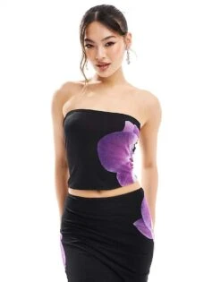 Kaiia Bandeau Top Co-ord In Black And Purple Flower Print For Women